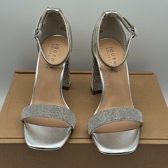 Journee Womens Idda Rhinestone Silver Textile High Block Heel Sandals Size 9 - Picture 2 of 10